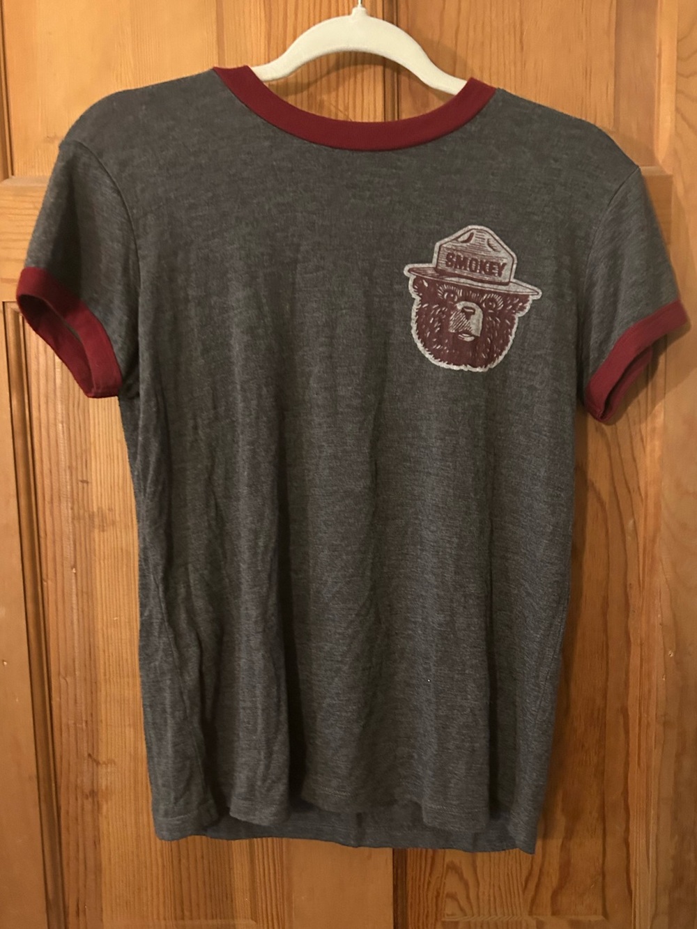 Smokey The Bear T Shirt in Charcoal Gray & Maroon Outline